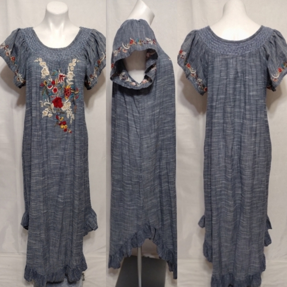 Karyn Seo Small Floral Embroidered Sheer Summer Maxi Dress Boho Chic Lightweight